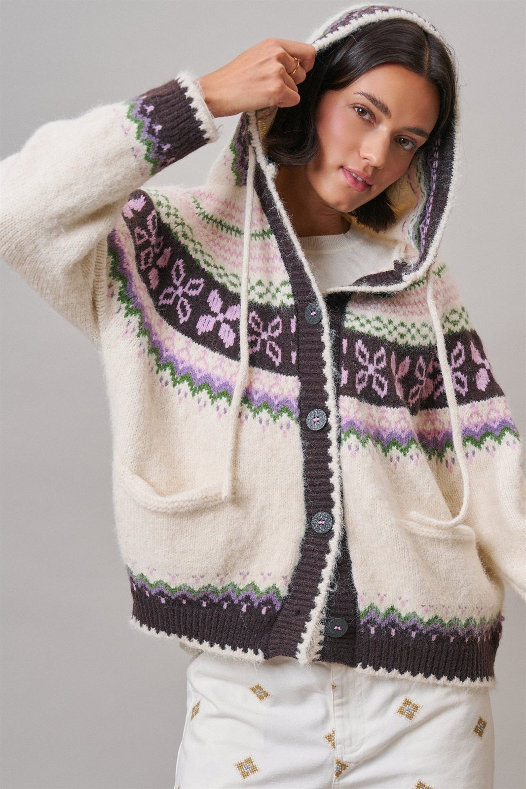 Alpine Fair Isle Hooded Cardigan in Ivory - Women's Cardigans & Shrugs | Urban Daizy