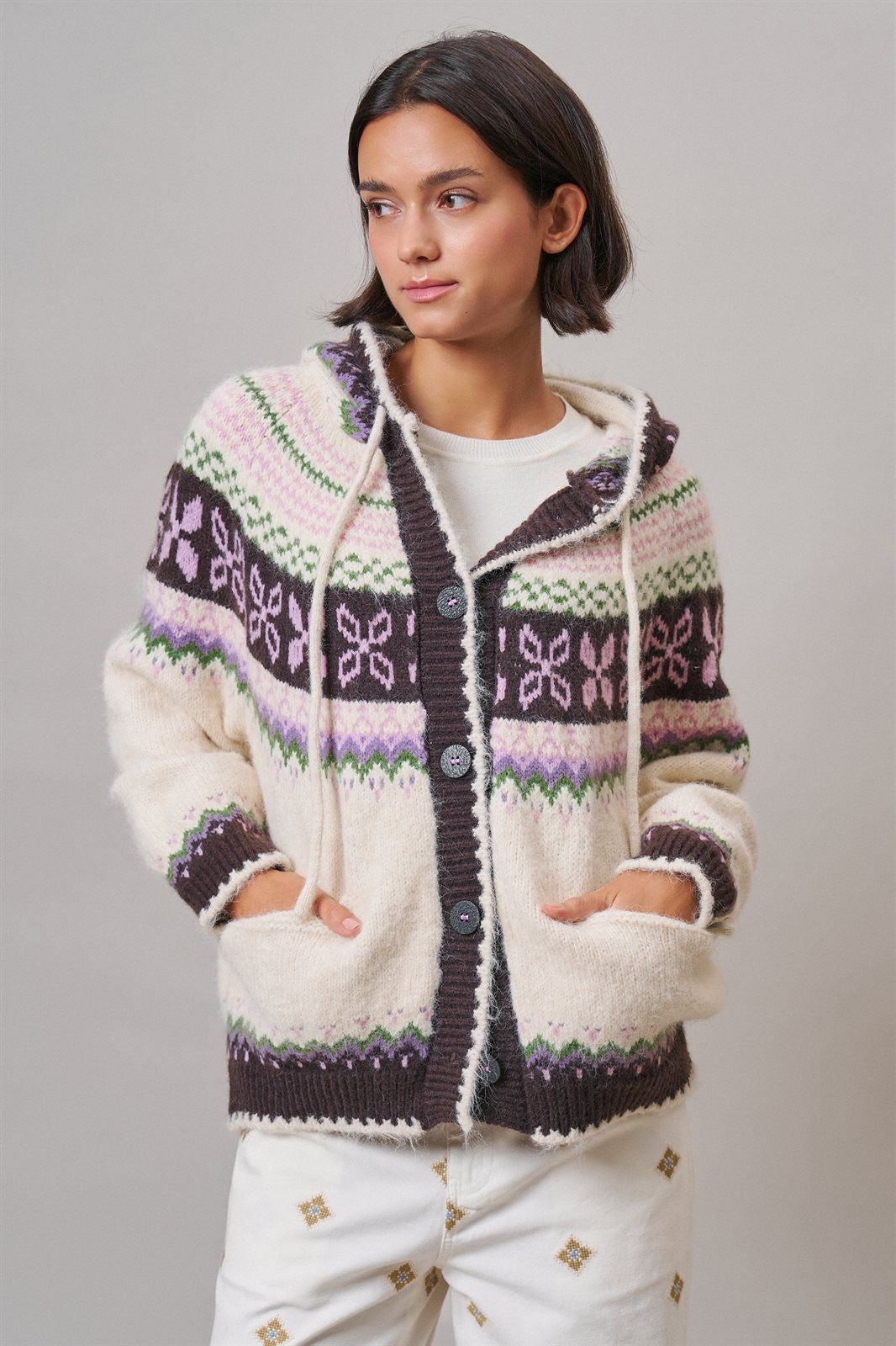 Alpine Fair Isle Hooded Cardigan in Ivory - Women's Cardigans & Shrugs | Urban Daizy