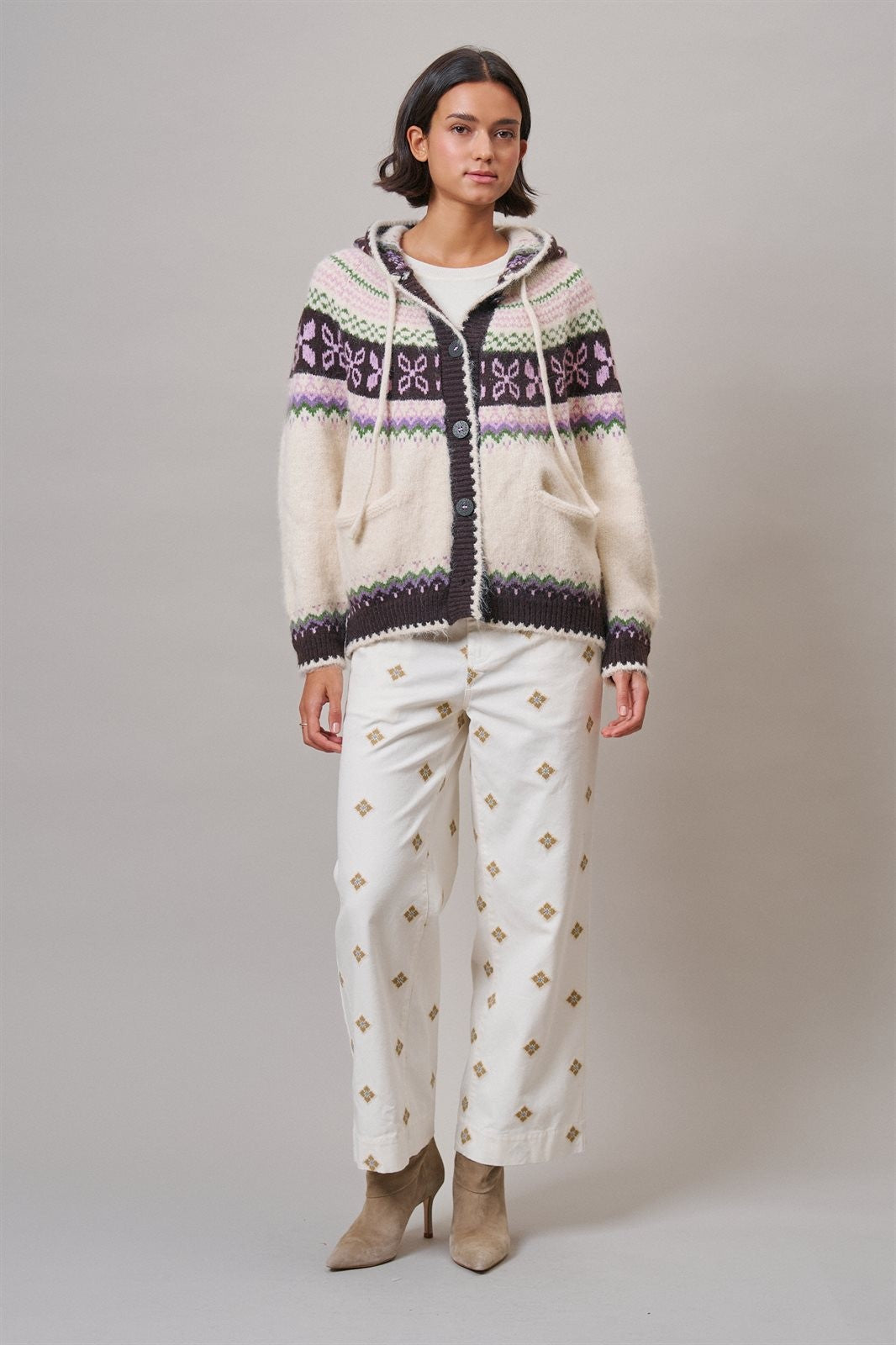 Alpine Fair Isle Hooded Cardigan in Ivory - Women's Cardigans & Shrugs | Urban Daizy