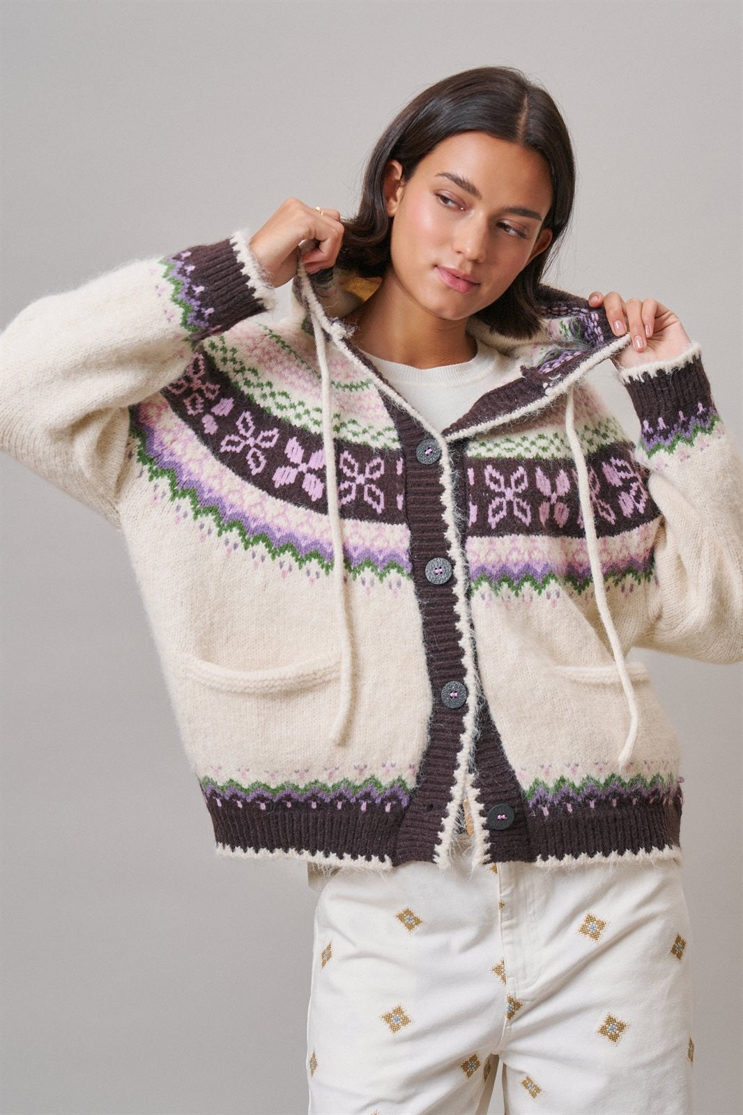 Alpine Fair Isle Hooded Cardigan in Ivory - Women's Cardigans & Shrugs | Urban Daizy
