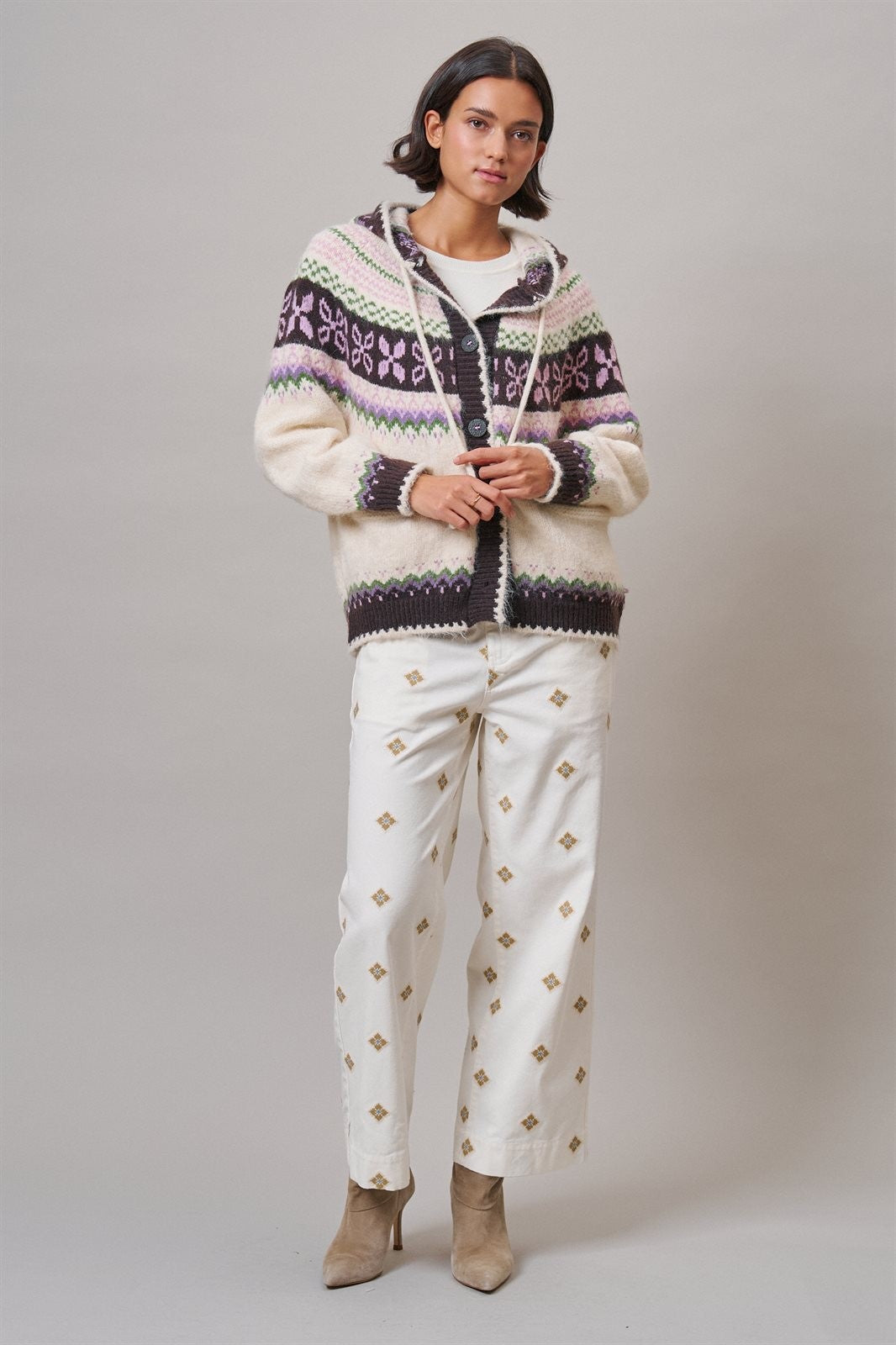 Alpine Fair Isle Hooded Cardigan in Ivory - Women's Cardigans & Shrugs | Urban Daizy