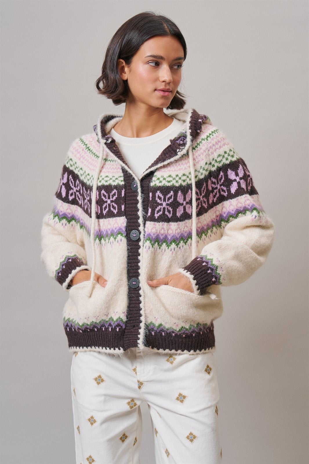 Alpine Fair Isle Hooded Cardigan in Ivory - Women's Cardigans & Shrugs | Urban Daizy