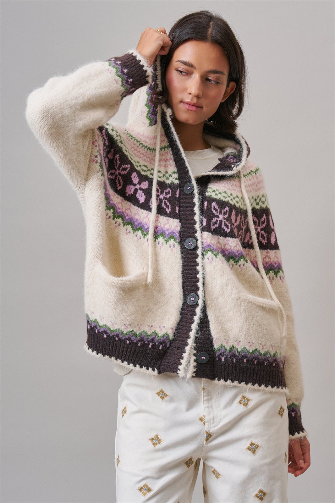 Alpine Fair Isle Hooded Cardigan in Ivory - Women's Cardigans & Shrugs | Urban Daizy