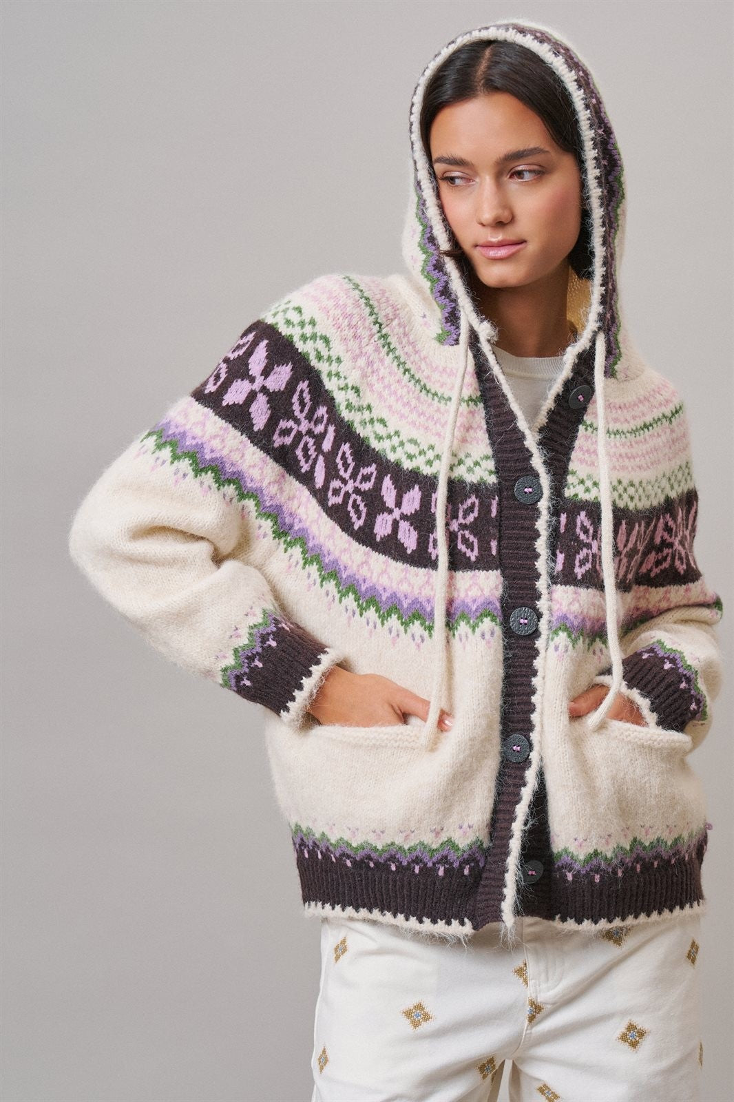 Alpine Fair Isle Hooded Cardigan in Ivory - Women's Cardigans & Shrugs | Urban Daizy