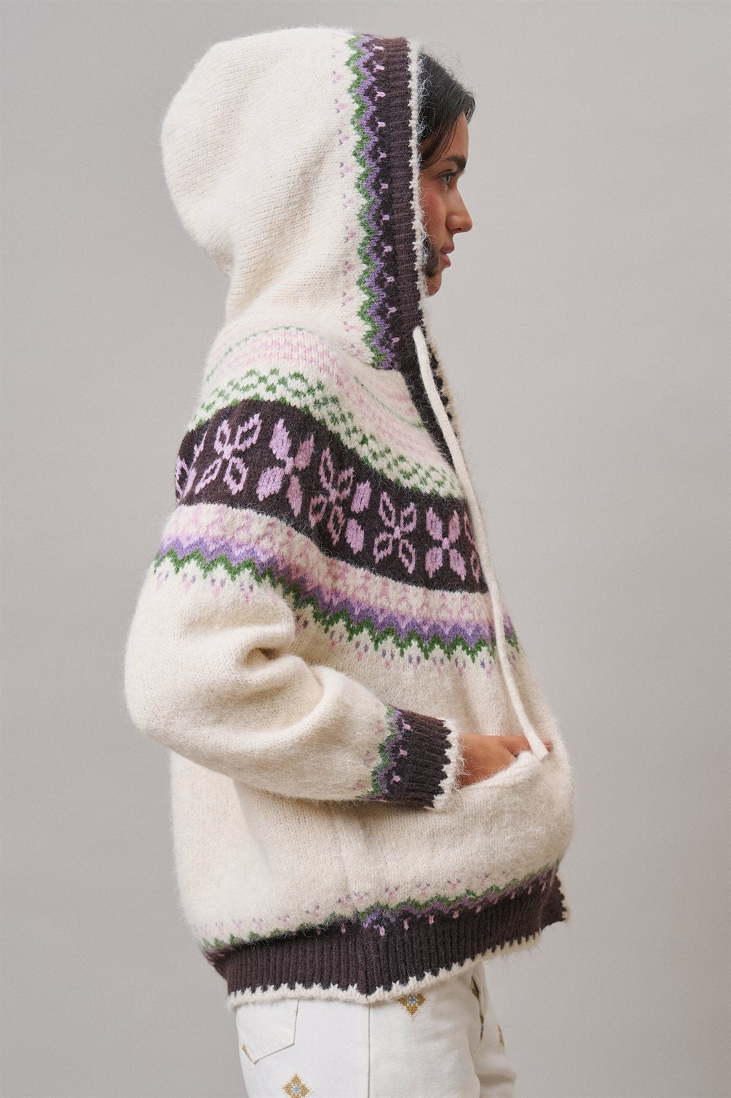 Alpine Fair Isle Hooded Cardigan in Ivory - Women's Cardigans & Shrugs | Urban Daizy