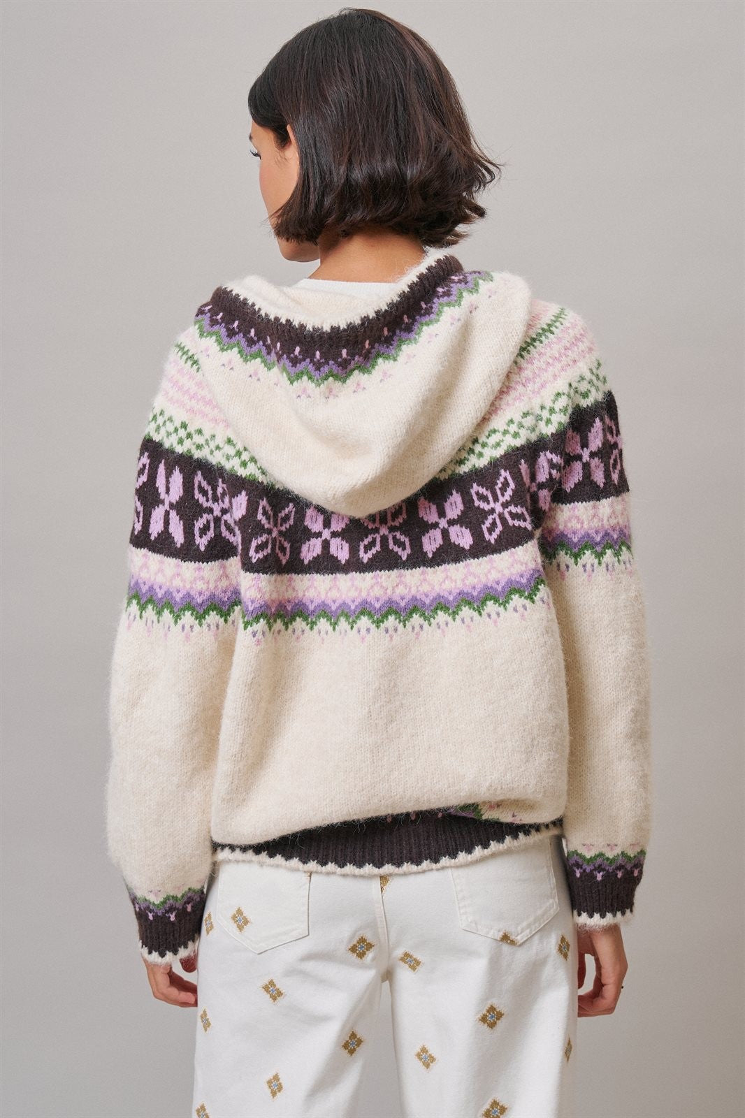Alpine Fair Isle Hooded Cardigan in Ivory - Women's Cardigans & Shrugs | Urban Daizy
