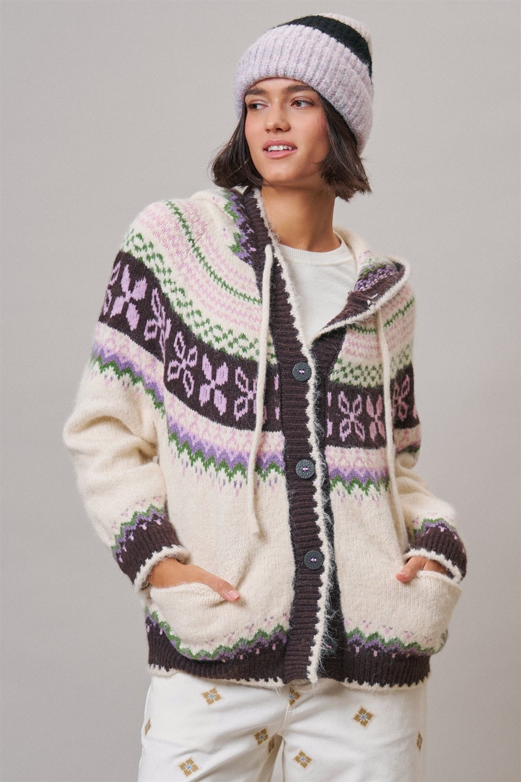 Alpine Fair Isle Hooded Cardigan in Ivory - Women's Cardigans & Shrugs | Urban Daizy