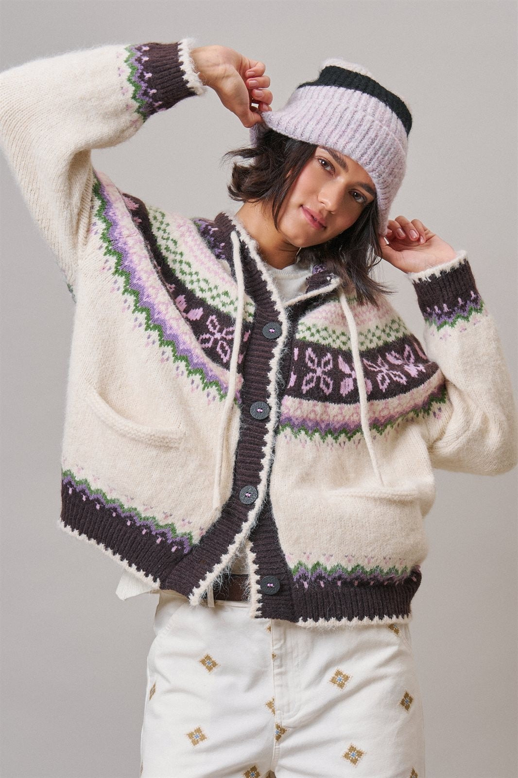 Alpine Fair Isle Hooded Cardigan in Ivory - Women's Cardigans & Shrugs | Urban Daizy