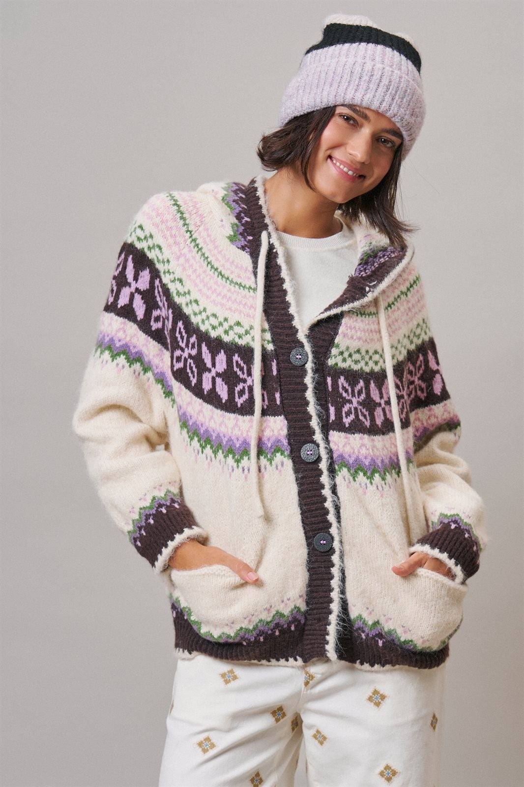 Alpine Fair Isle Hooded Cardigan in Ivory - Women's Cardigans & Shrugs | Urban Daizy