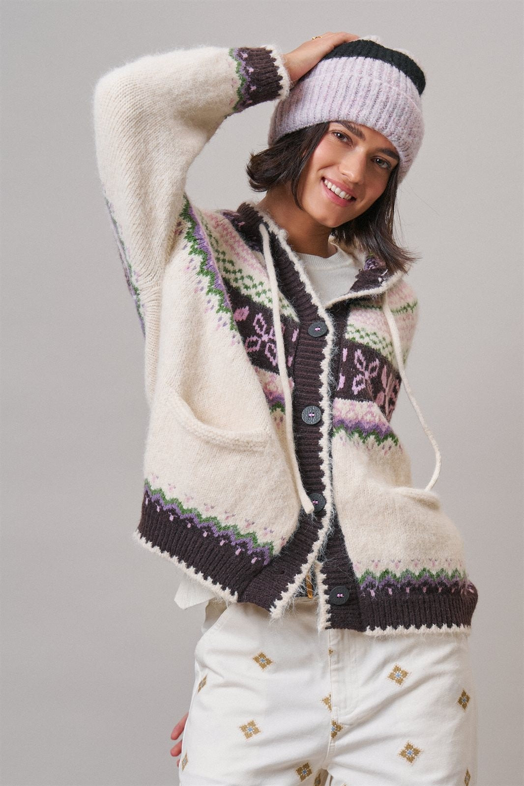 Alpine Fair Isle Hooded Cardigan in Ivory - Women's Cardigans & Shrugs | Urban Daizy