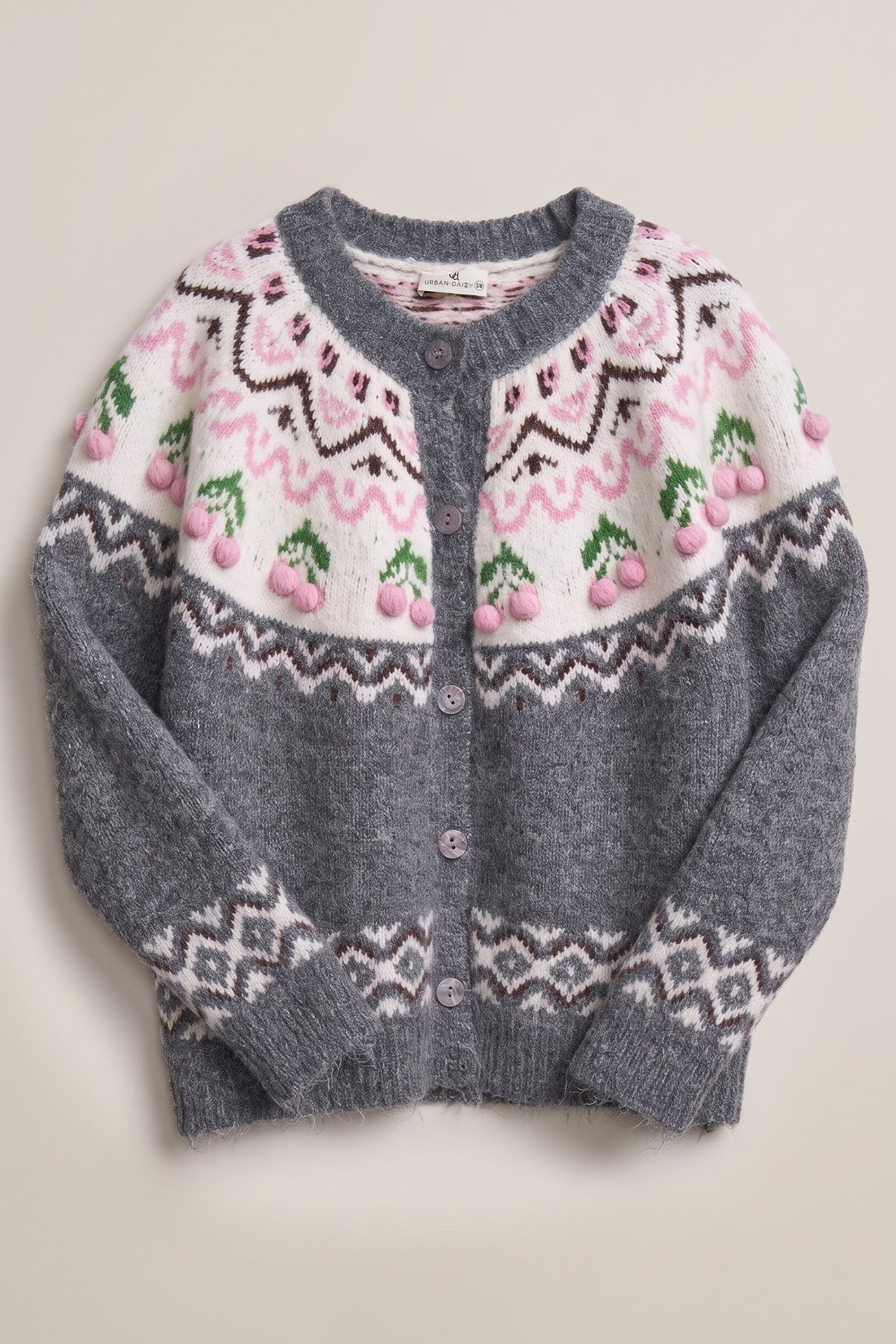 Cherry Charm Fair Isle Cardigan in Grey - Women's Cardigans & Shrugs | Urban Daizy