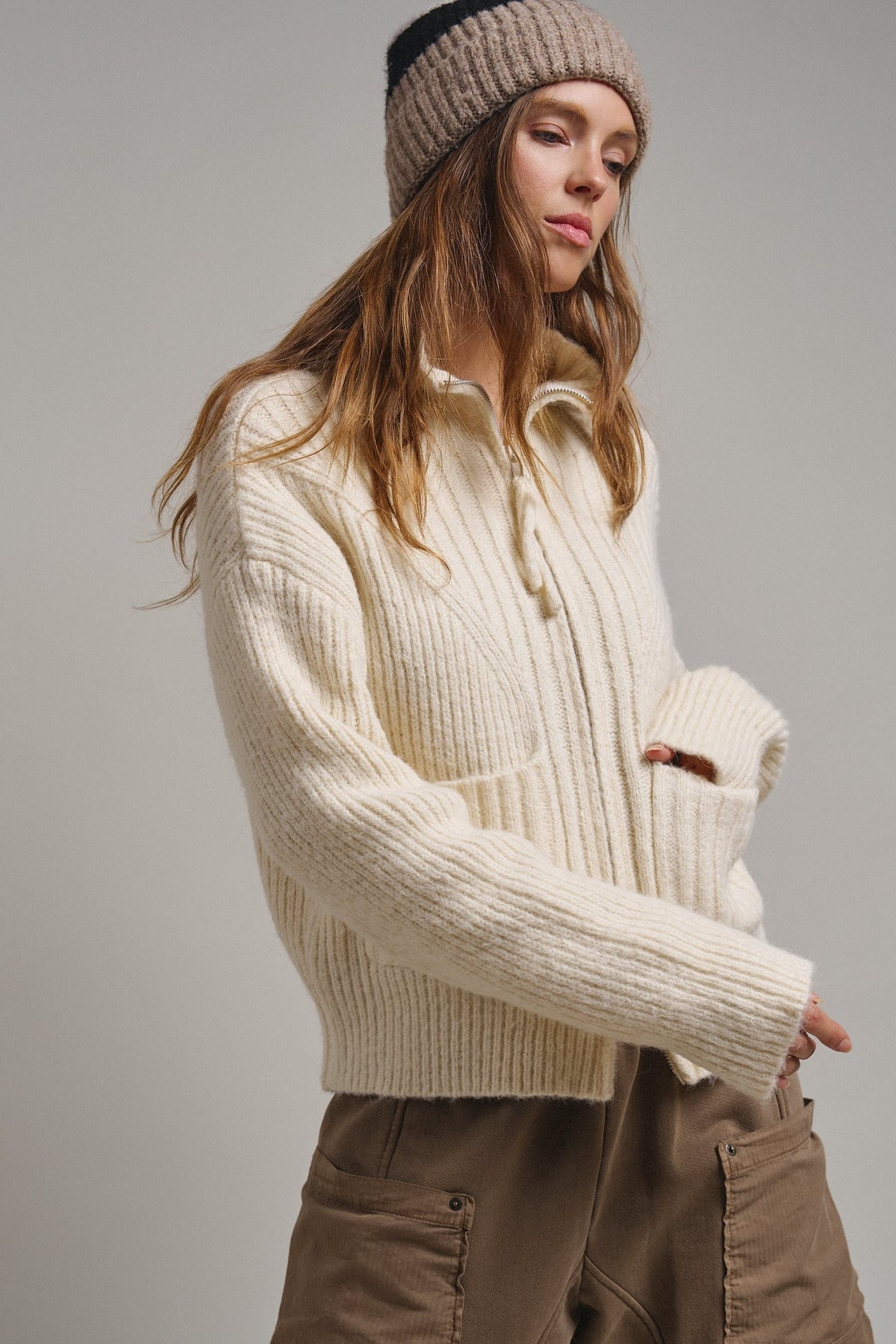 Harbor Ease Ribbed Zip Cardigan in Ivory - Women's Cardigans & Shrugs | Urban Daizy