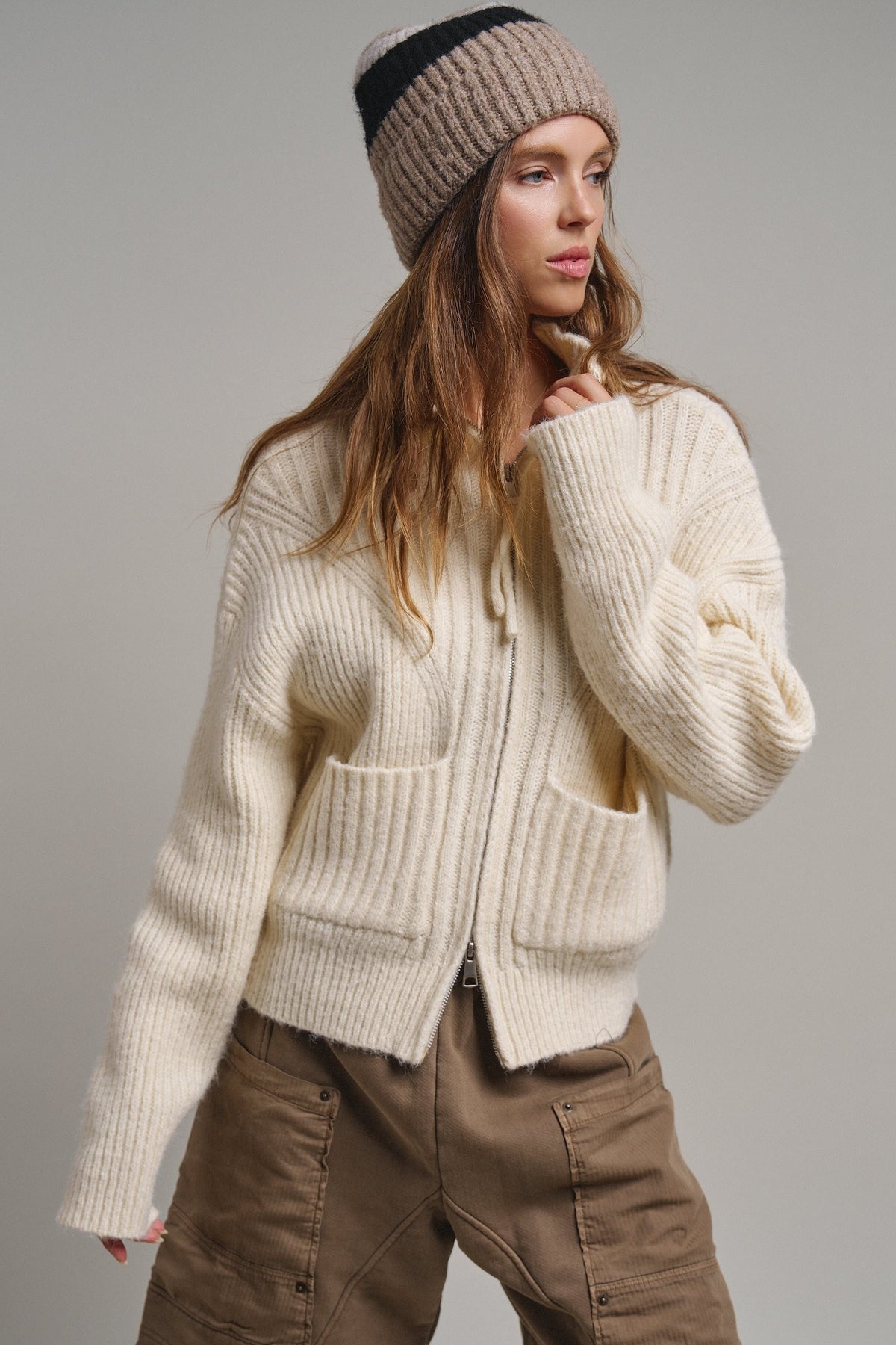 Harbor Ease Ribbed Zip Cardigan in Ivory - Women's Cardigans & Shrugs | Urban Daizy