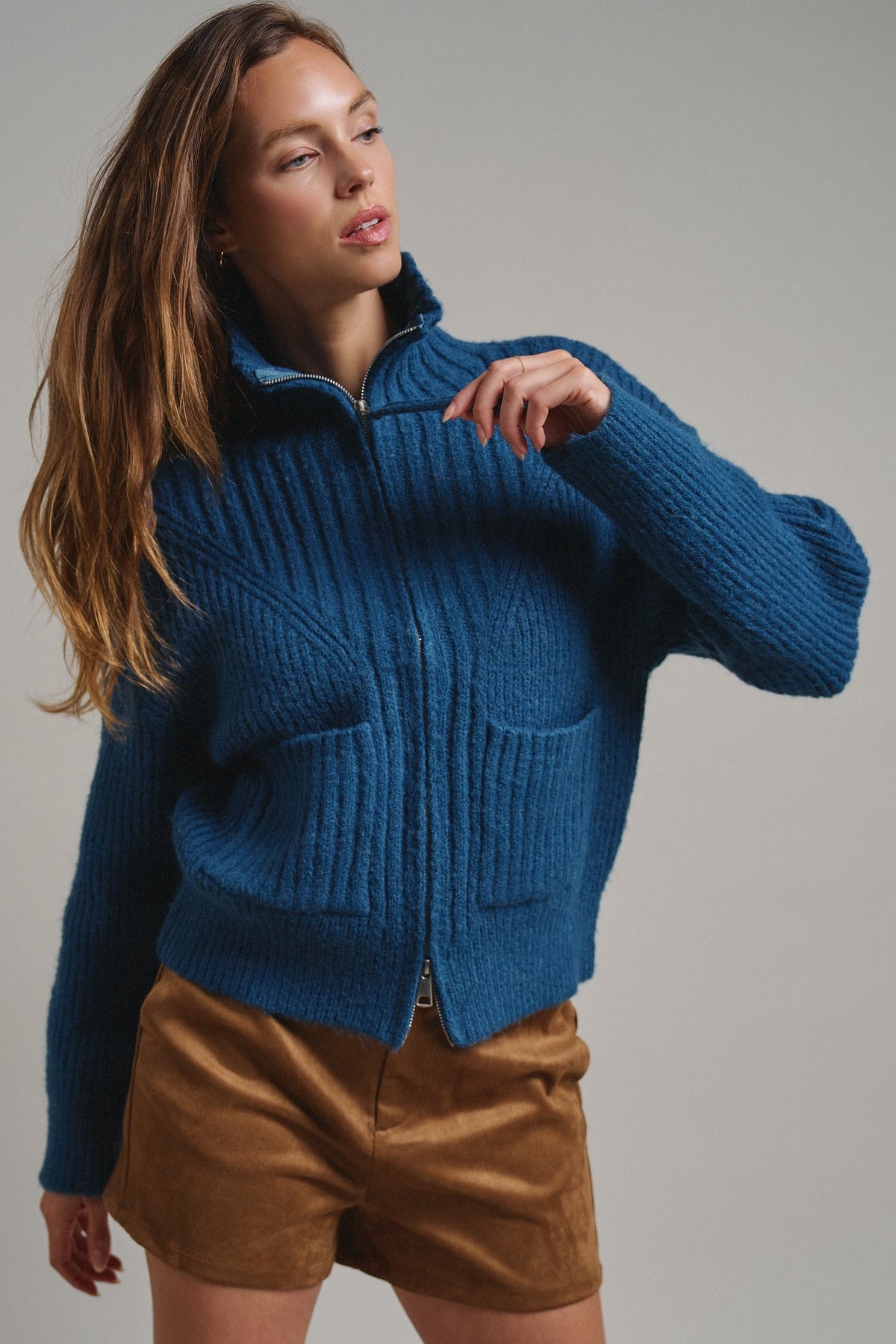 Harbor Ease Ribbed Zip Cardigan in Teal - Women's Cardigans & Shrugs | Urban Daizy