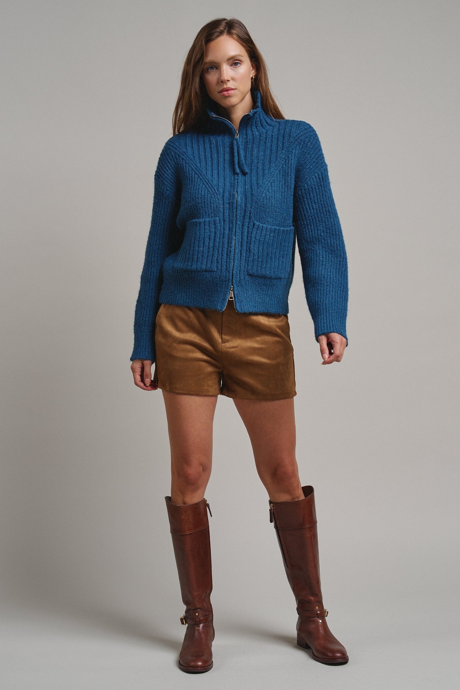 Harbor Ease Ribbed Zip Cardigan in Teal - Women's Cardigans & Shrugs | Urban Daizy