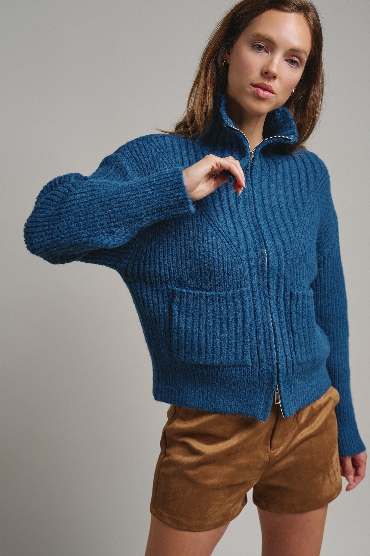 Harbor Ease Ribbed Zip Cardigan in Teal - Women's Cardigans & Shrugs | Urban Daizy