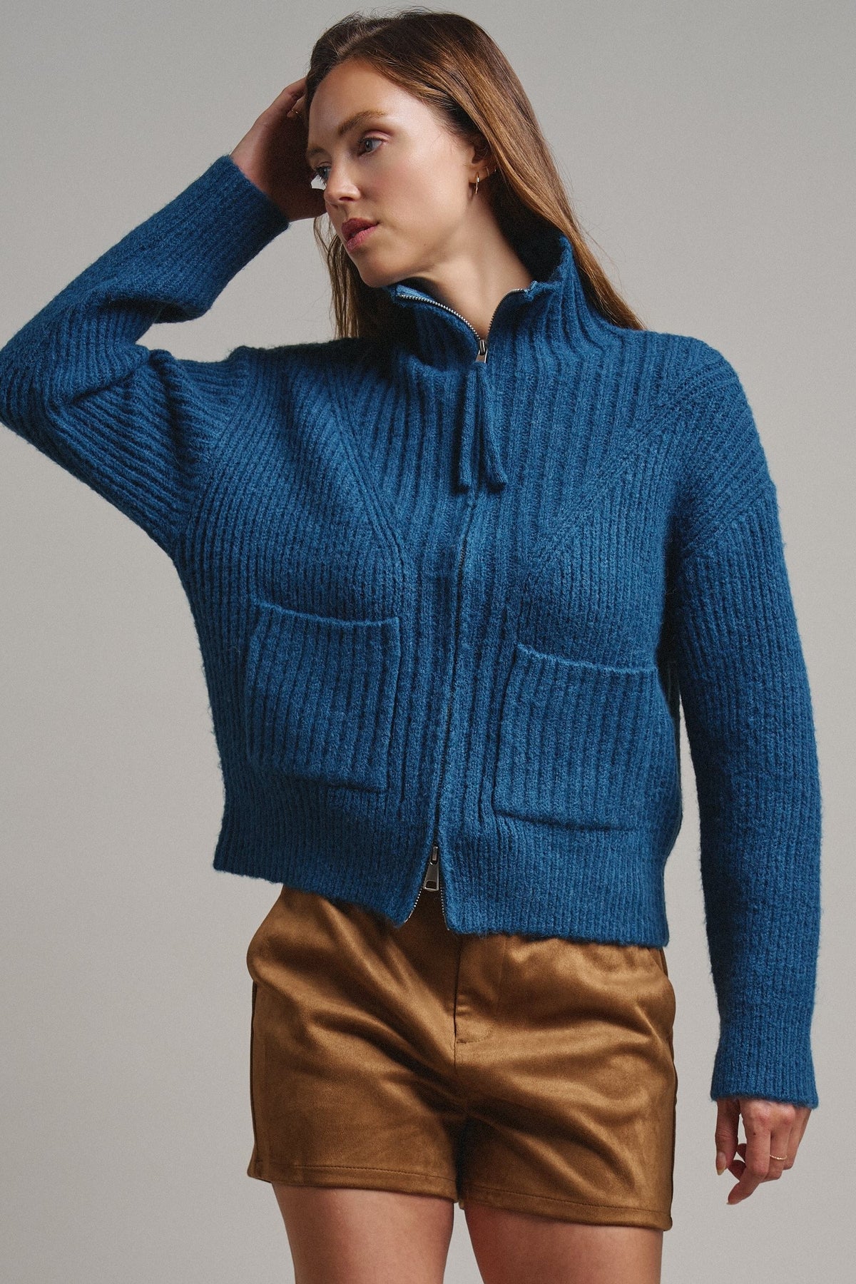 Harbor Ease Ribbed Zip Cardigan in Teal - Women's Cardigans & Shrugs | Urban Daizy