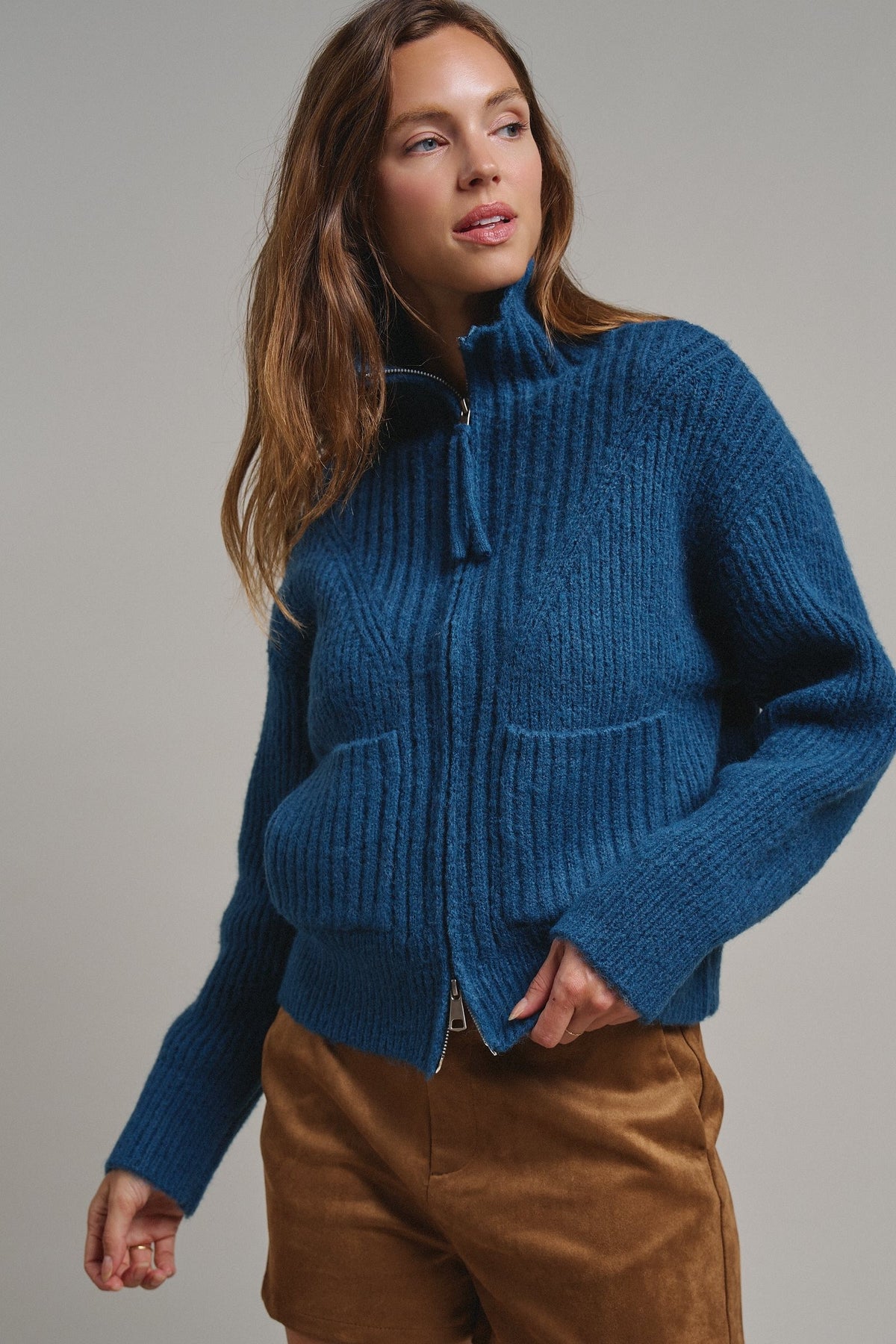 Harbor Ease Ribbed Zip Cardigan in Teal - Women's Cardigans & Shrugs | Urban Daizy