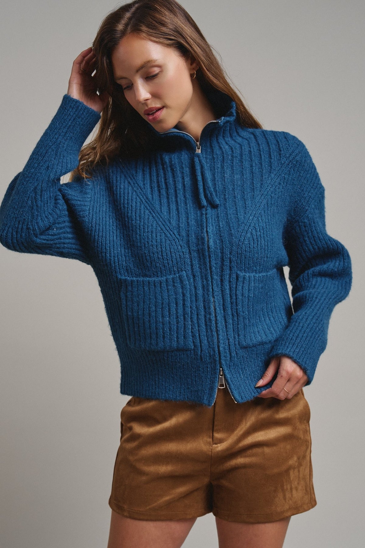 Harbor Ease Ribbed Zip Cardigan in Teal - Women's Cardigans & Shrugs | Urban Daizy