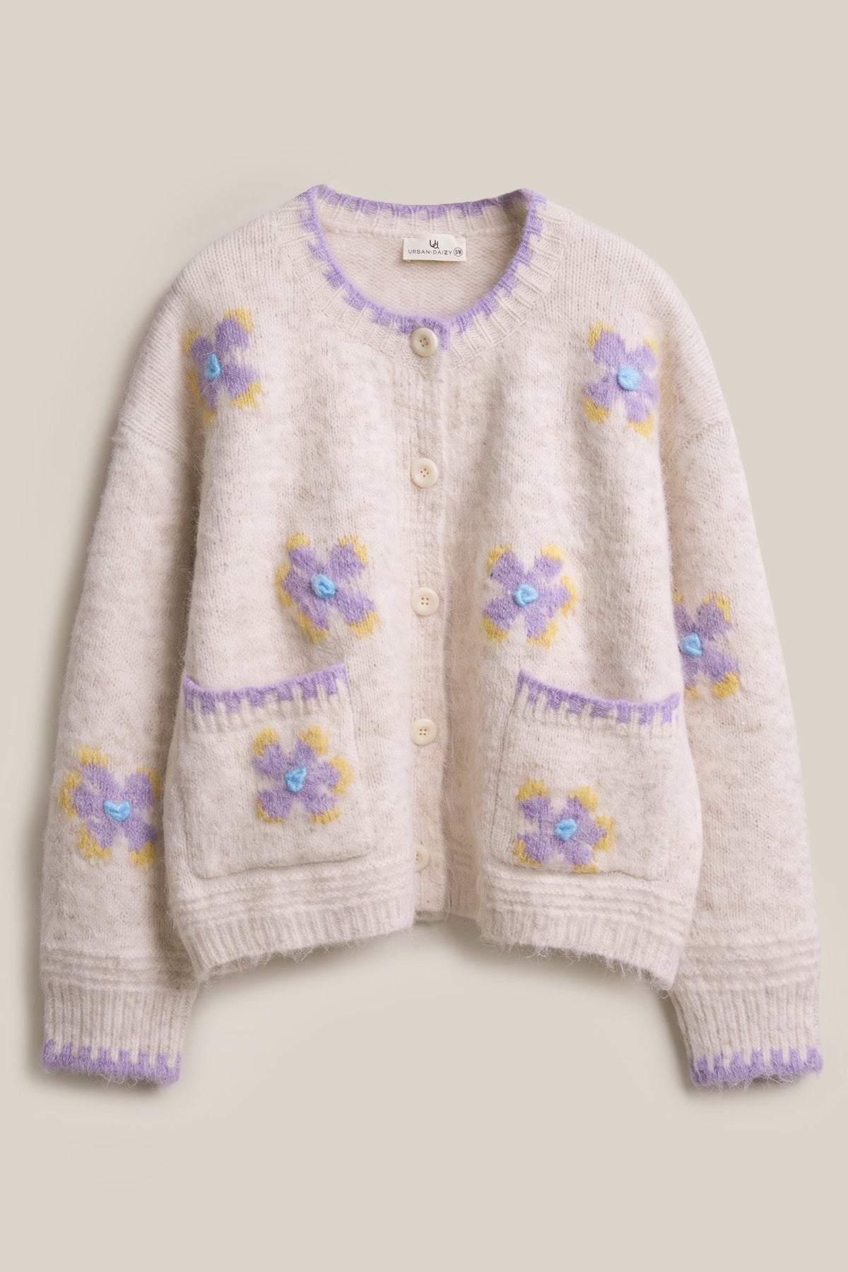 Petal Patch Brushed Knit Cardigan in Oatmeal - Women's Sweaters | Urban Daizy
