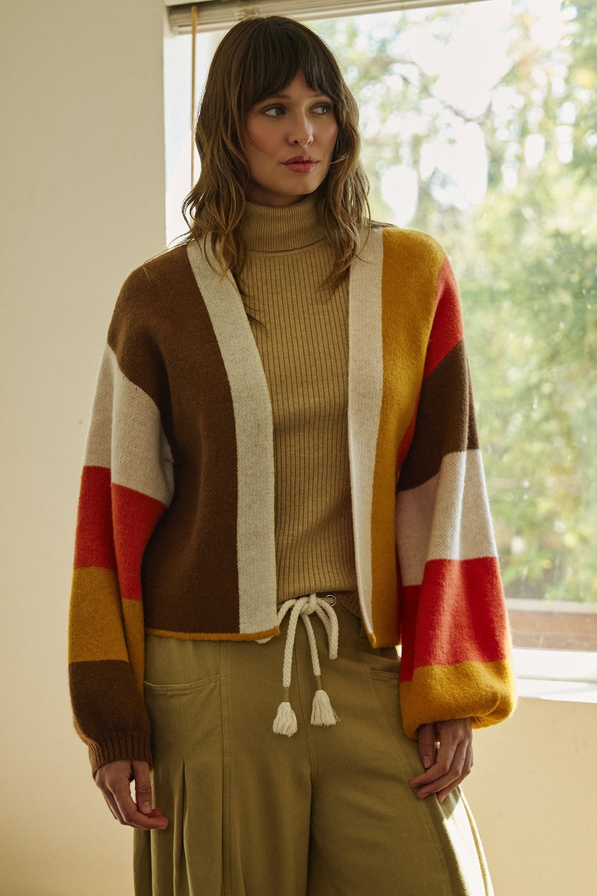 Retro Sunset Colorblock Cardigan in Brown/mustard - Women's Cardigans & Shrugs | Urban Daizy