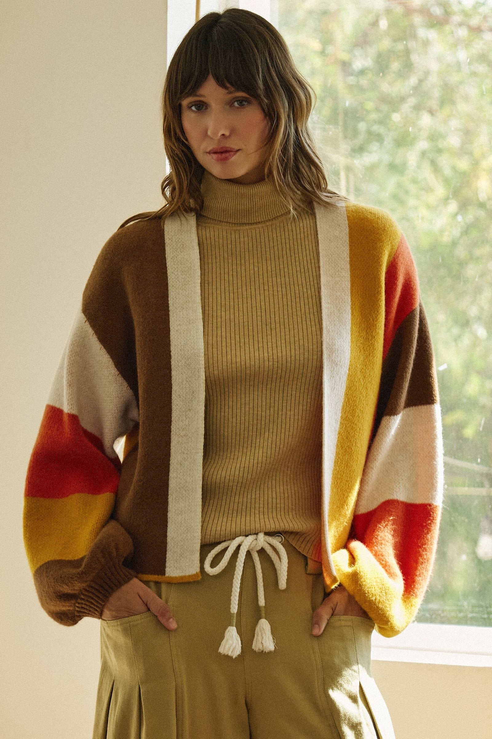 Retro Sunset Colorblock Cardigan in Brown/mustard - Women's Cardigans & Shrugs | Urban Daizy