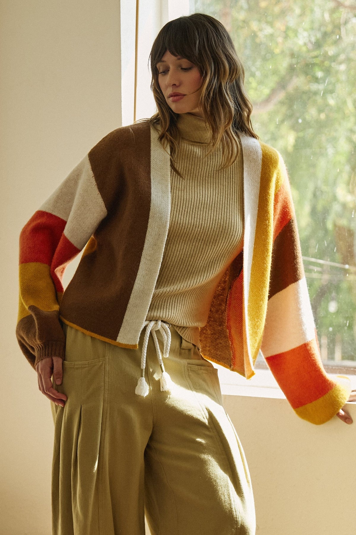 Retro Sunset Colorblock Cardigan in Brown/mustard - Women's Cardigans & Shrugs | Urban Daizy