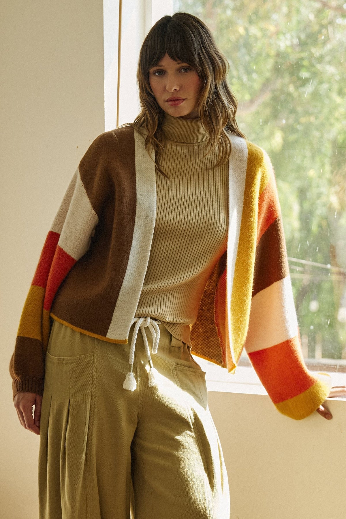 Retro Sunset Colorblock Cardigan in Brown/mustard - Women's Cardigans & Shrugs | Urban Daizy
