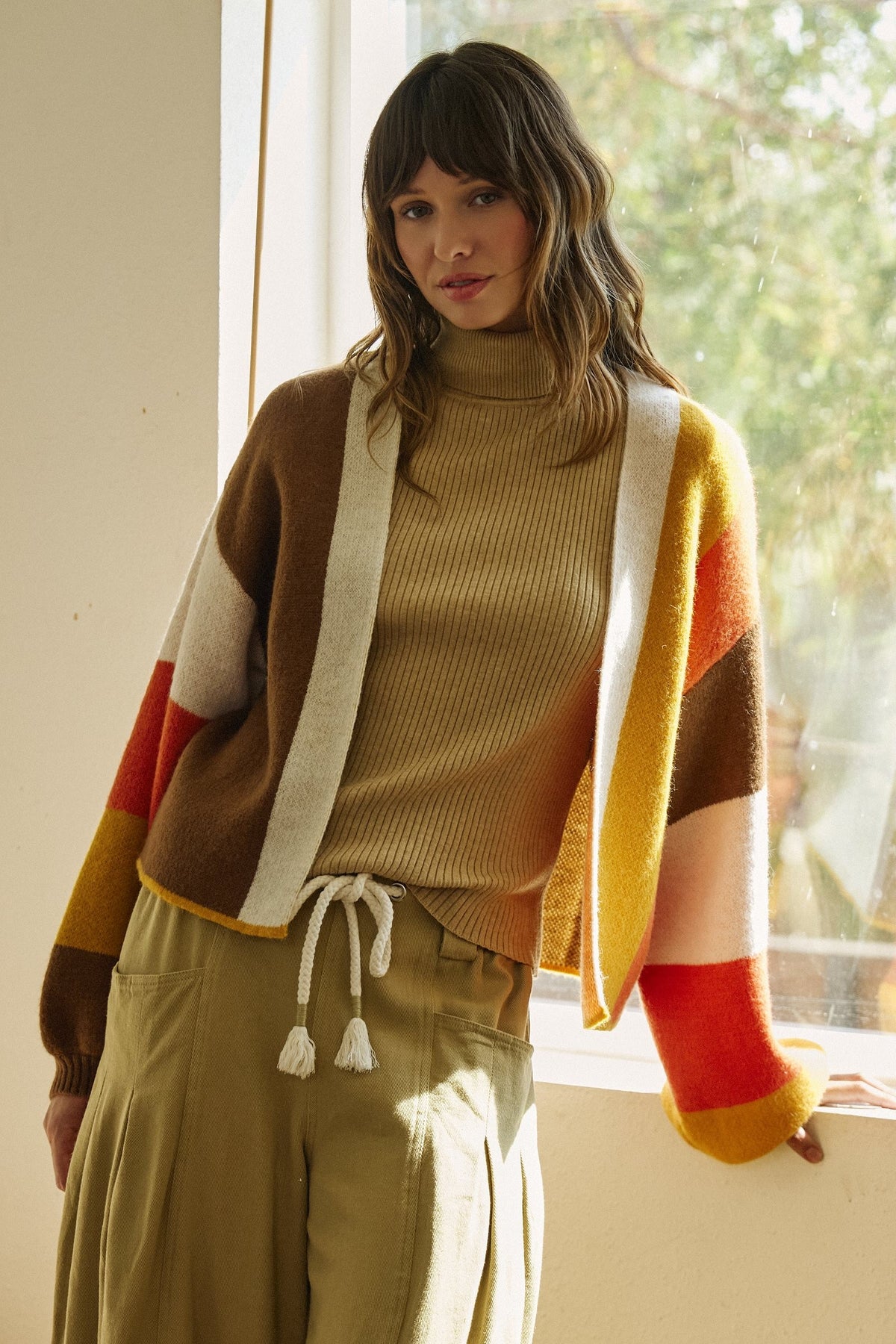 Retro Sunset Colorblock Cardigan in Brown/mustard - Women's Cardigans & Shrugs | Urban Daizy