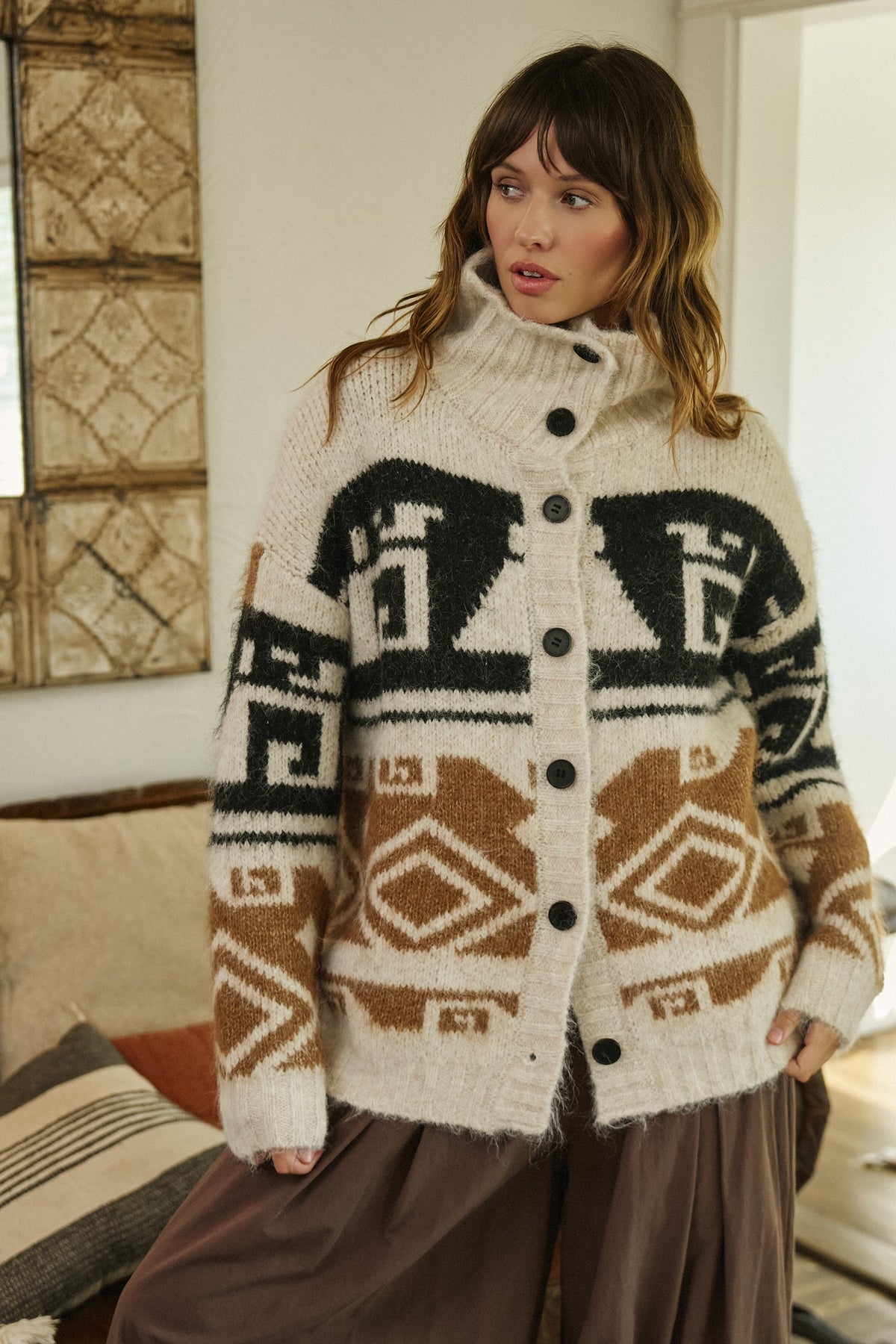 Hearthside Geo Knit Cardigan in Ivory Camel - Women's Cardigans & Shrugs | Urban Daizy