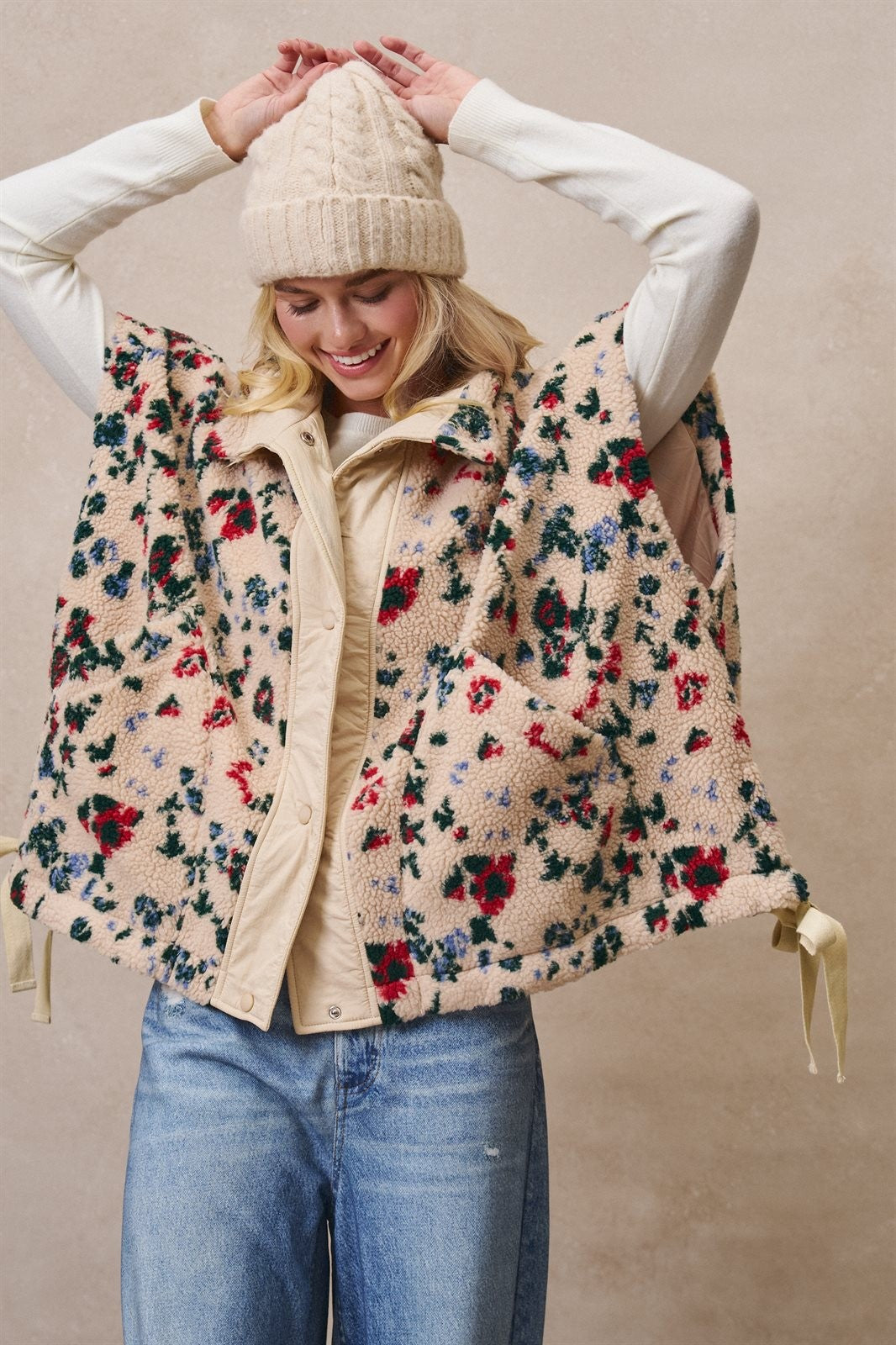 Ditsy Floral Sherpa Vest With Bow Hem Detail in Print - Women's Vests | Urban Daizy