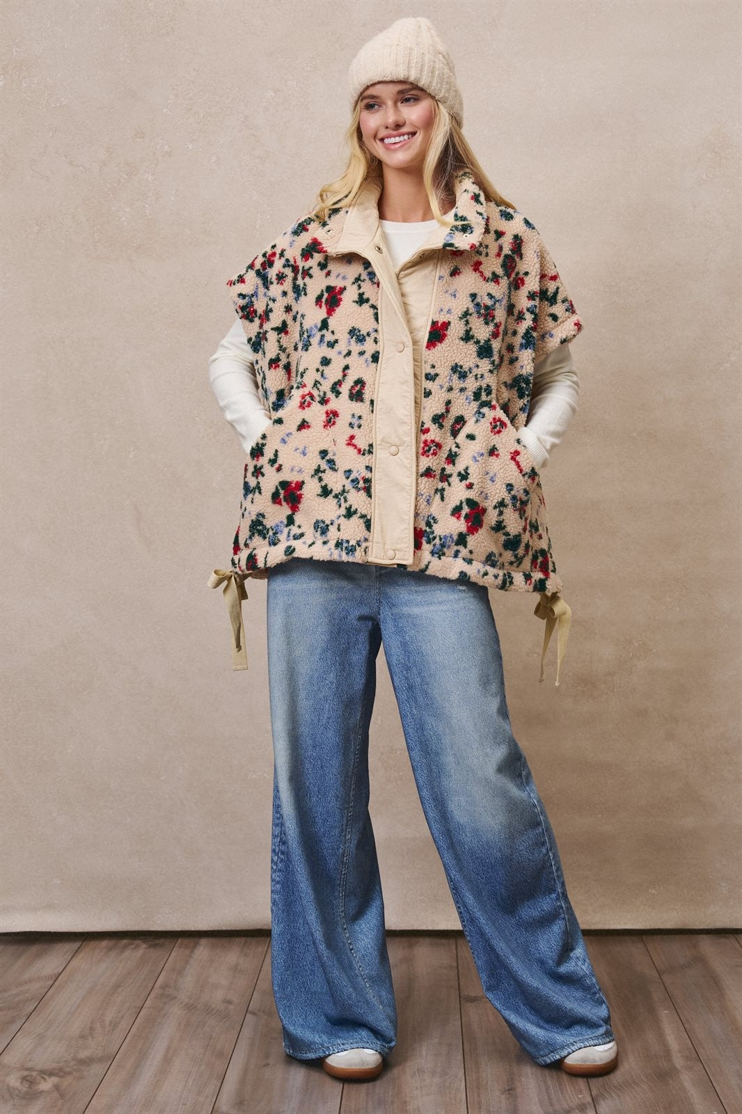 Ditsy Floral Sherpa Vest With Bow Hem Detail in Print - Women's Vests | Urban Daizy