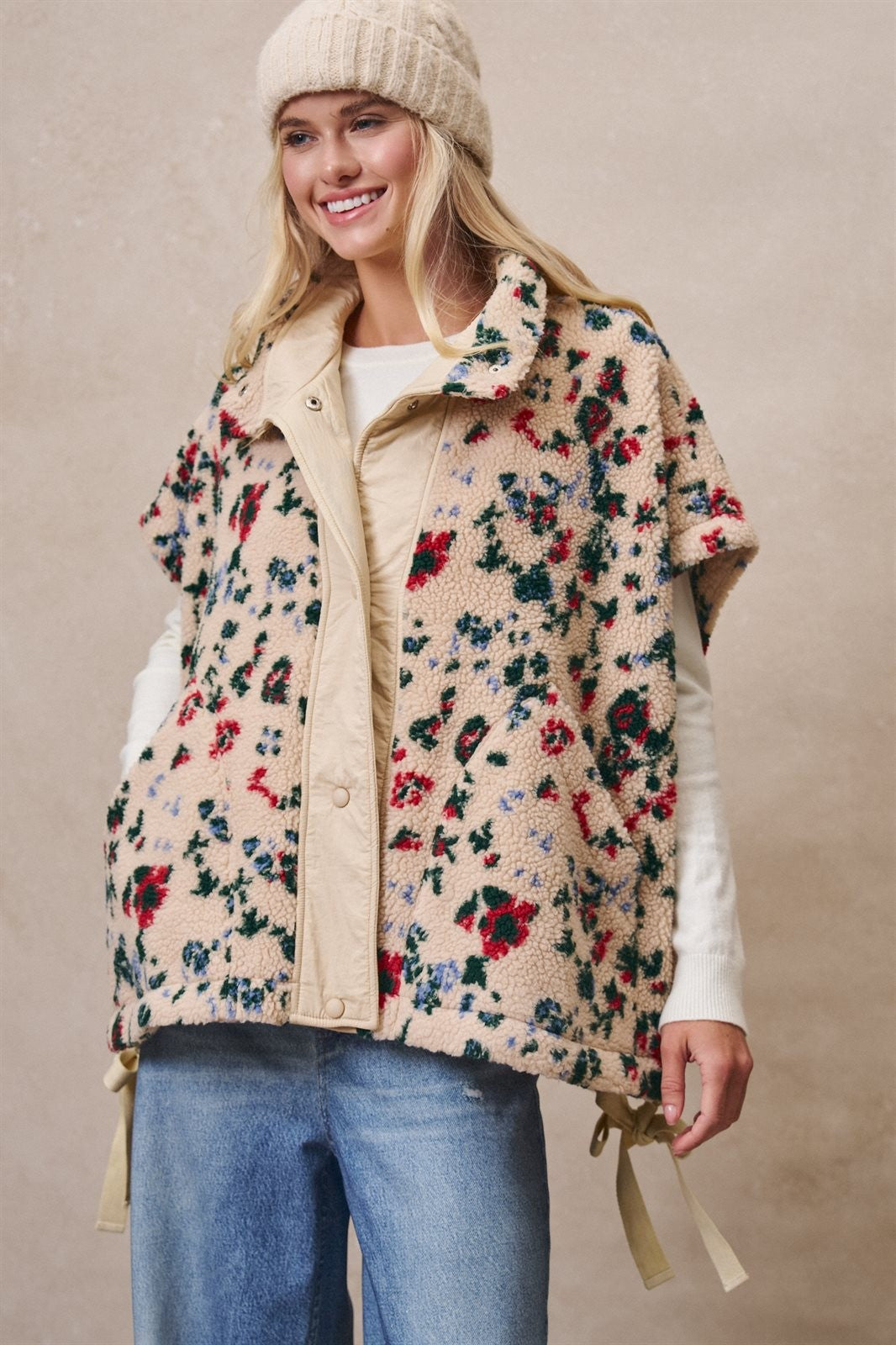Ditsy Floral Sherpa Vest With Bow Hem Detail in Print - Women's Vests | Urban Daizy