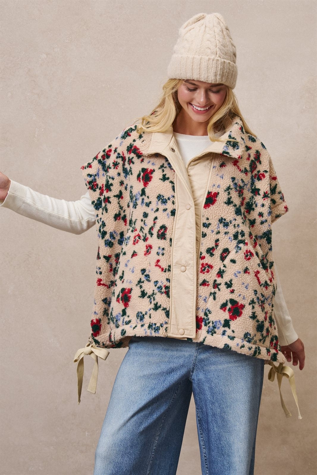 Ditsy Floral Sherpa Vest With Bow Hem Detail in Print - Women's Vests | Urban Daizy