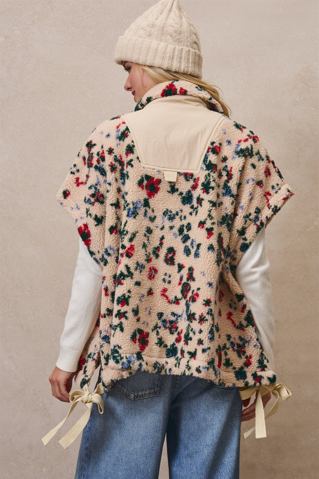 Ditsy Floral Sherpa Vest With Bow Hem Detail in Print - Women's Vests | Urban Daizy