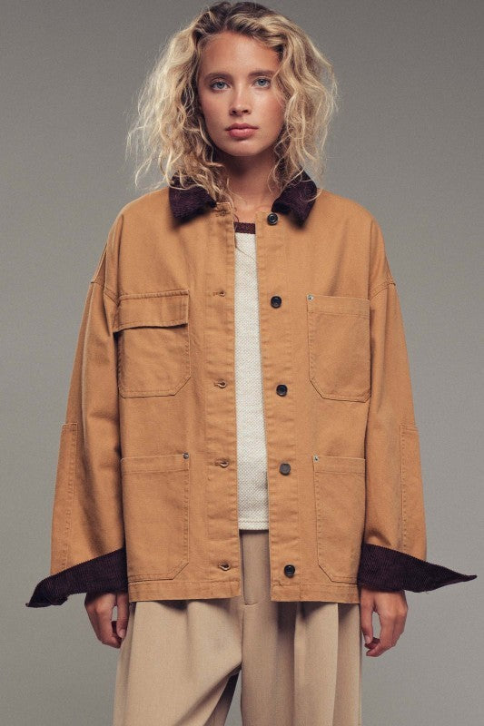 Oversized Contrast Collar Cotton Chore Jacket in Red - Women's Jackets & Blazers | Urban Daizy