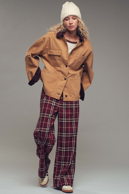Oversized Contrast Collar Cotton Chore Jacket in Red - Women's Jackets & Blazers | Urban Daizy