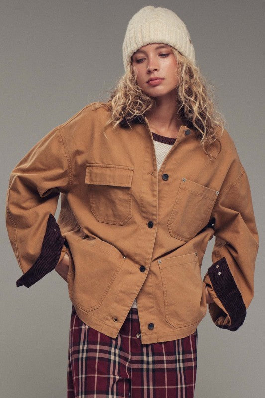 Oversized Contrast Collar Cotton Chore Jacket in Red - Women's Jackets & Blazers | Urban Daizy