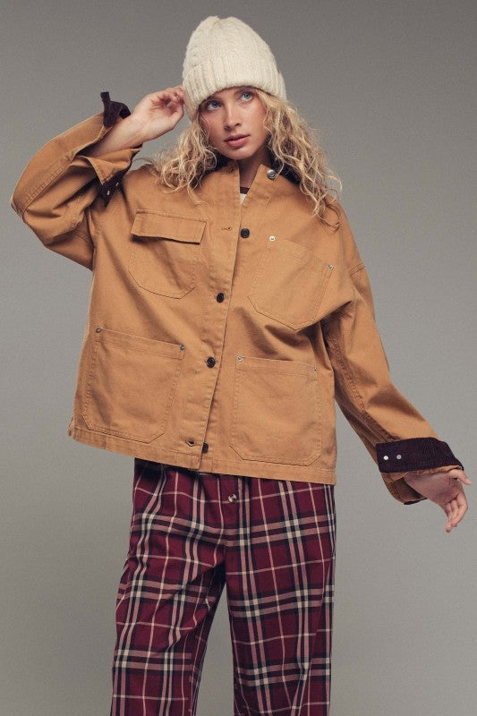 Oversized Contrast Collar Cotton Chore Jacket in Red - Women's Jackets & Blazers | Urban Daizy