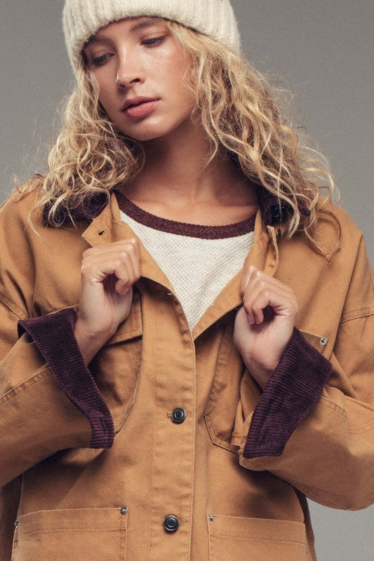 Oversized Contrast Collar Cotton Chore Jacket in Red - Women's Jackets & Blazers | Urban Daizy