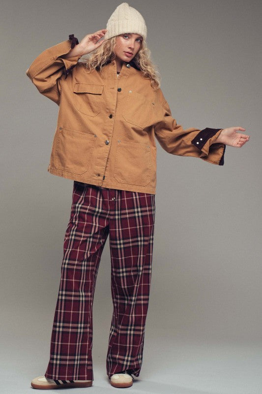 Oversized Contrast Collar Cotton Chore Jacket in Red - Women's Jackets & Blazers | Urban Daizy