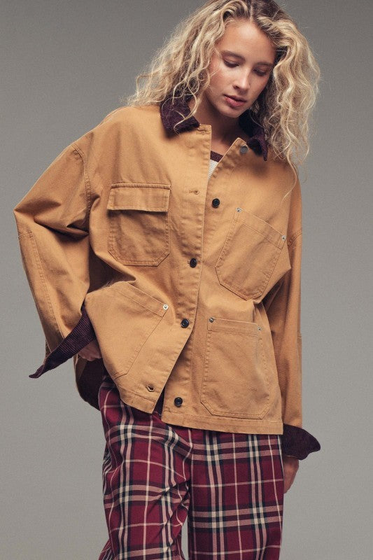Oversized Contrast Collar Cotton Chore Jacket in Red - Women's Jackets & Blazers | Urban Daizy