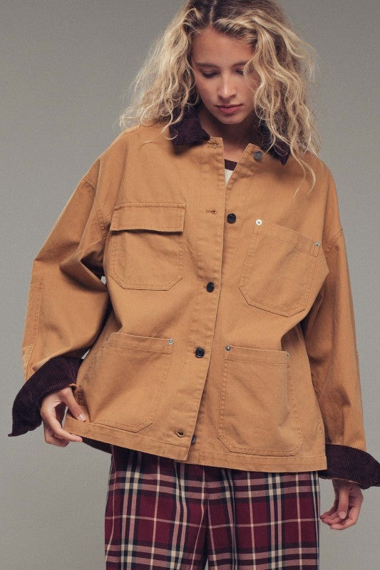 Oversized Contrast Collar Cotton Chore Jacket in Red - Women's Jackets & Blazers | Urban Daizy