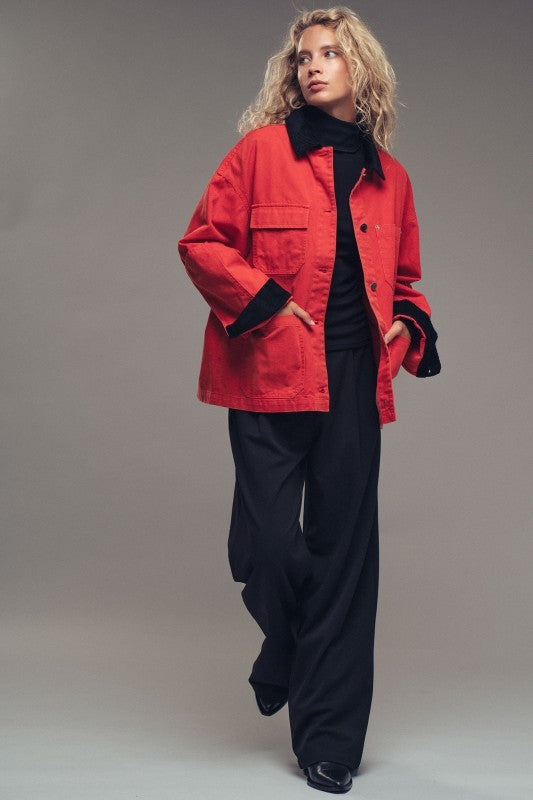 Oversized Contrast Collar Cotton Chore Jacket in Red - Women's Jackets & Blazers | Urban Daizy