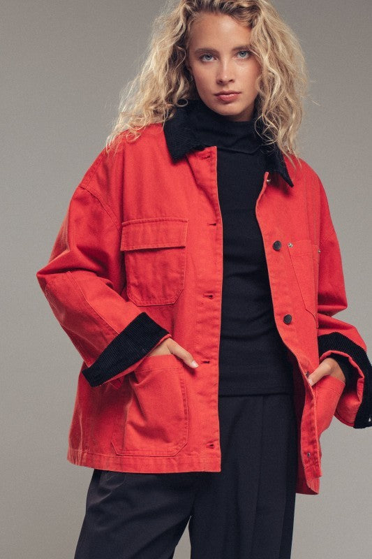 Oversized Contrast Collar Cotton Chore Jacket in Red - Women's Jackets & Blazers | Urban Daizy