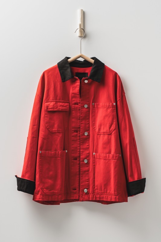 Oversized Contrast Collar Cotton Chore Jacket in Red - Women's Jackets & Blazers | Urban Daizy