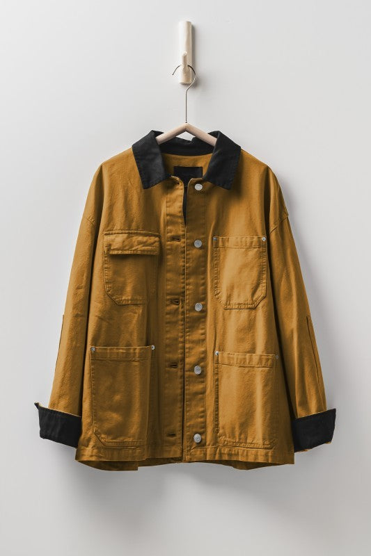 Oversized Contrast Collar Cotton Chore Jacket in Red - Women's Jackets & Blazers | Urban Daizy