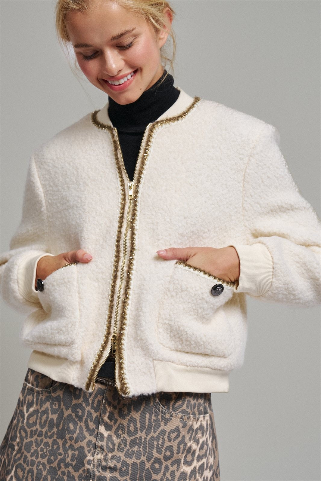 Textured Boucle Wool Blend Bomber Jacket in Cream - Women's Jackets & Blazers | Urban Daizy