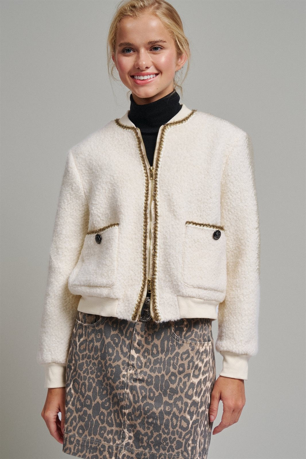 Textured Boucle Wool Blend Bomber Jacket in Cream - Women's Jackets & Blazers | Urban Daizy