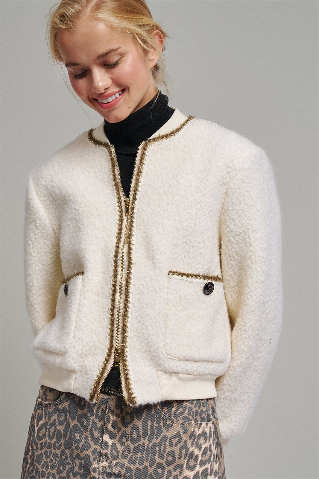 Textured Boucle Wool Blend Bomber Jacket in Cream - Women's Jackets & Blazers | Urban Daizy